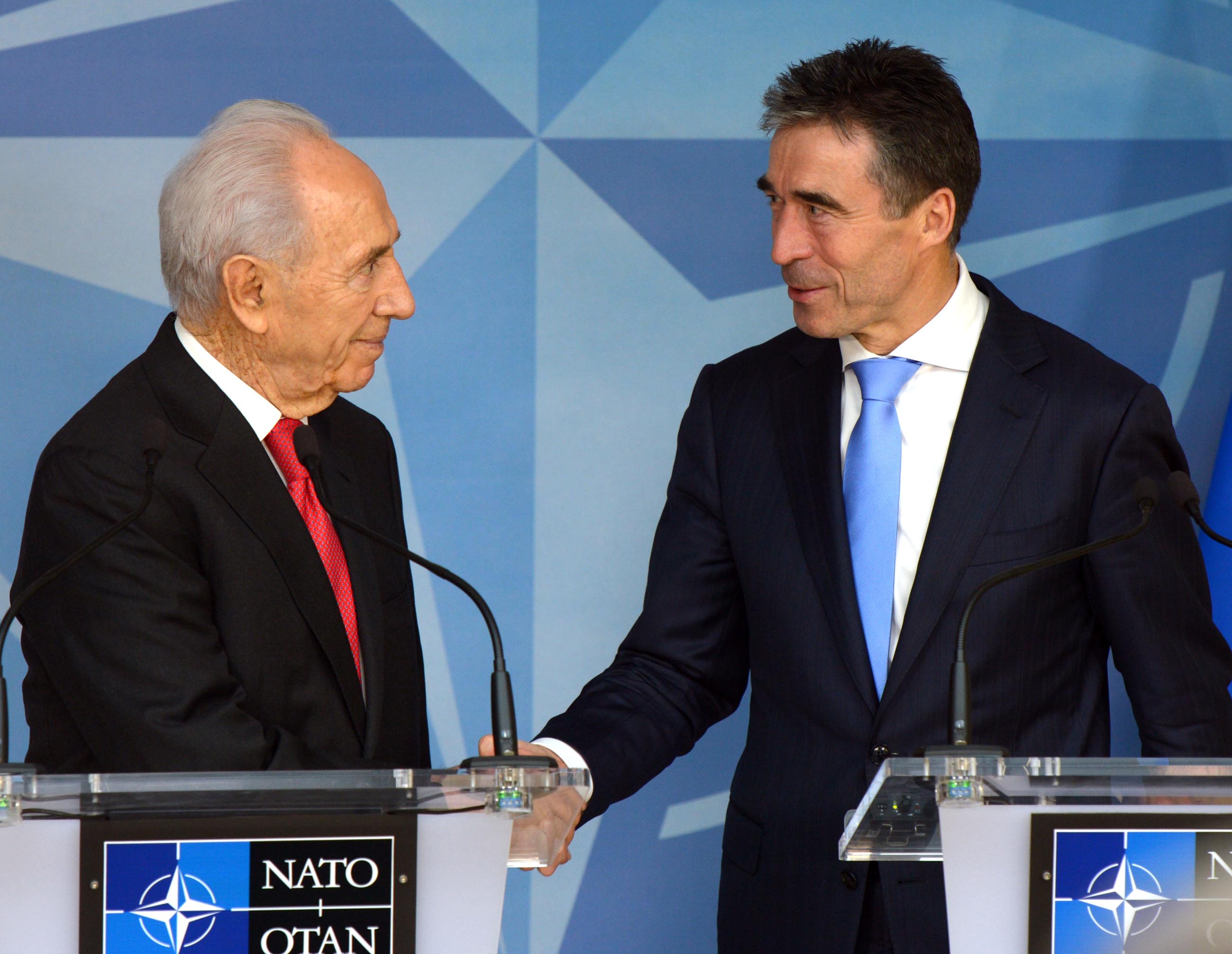 Israeli President Shimon Peres with Nato Secretary Anders Fogh Rasmussen Belgium 7/3/2013Photo Moshe Milner GPO